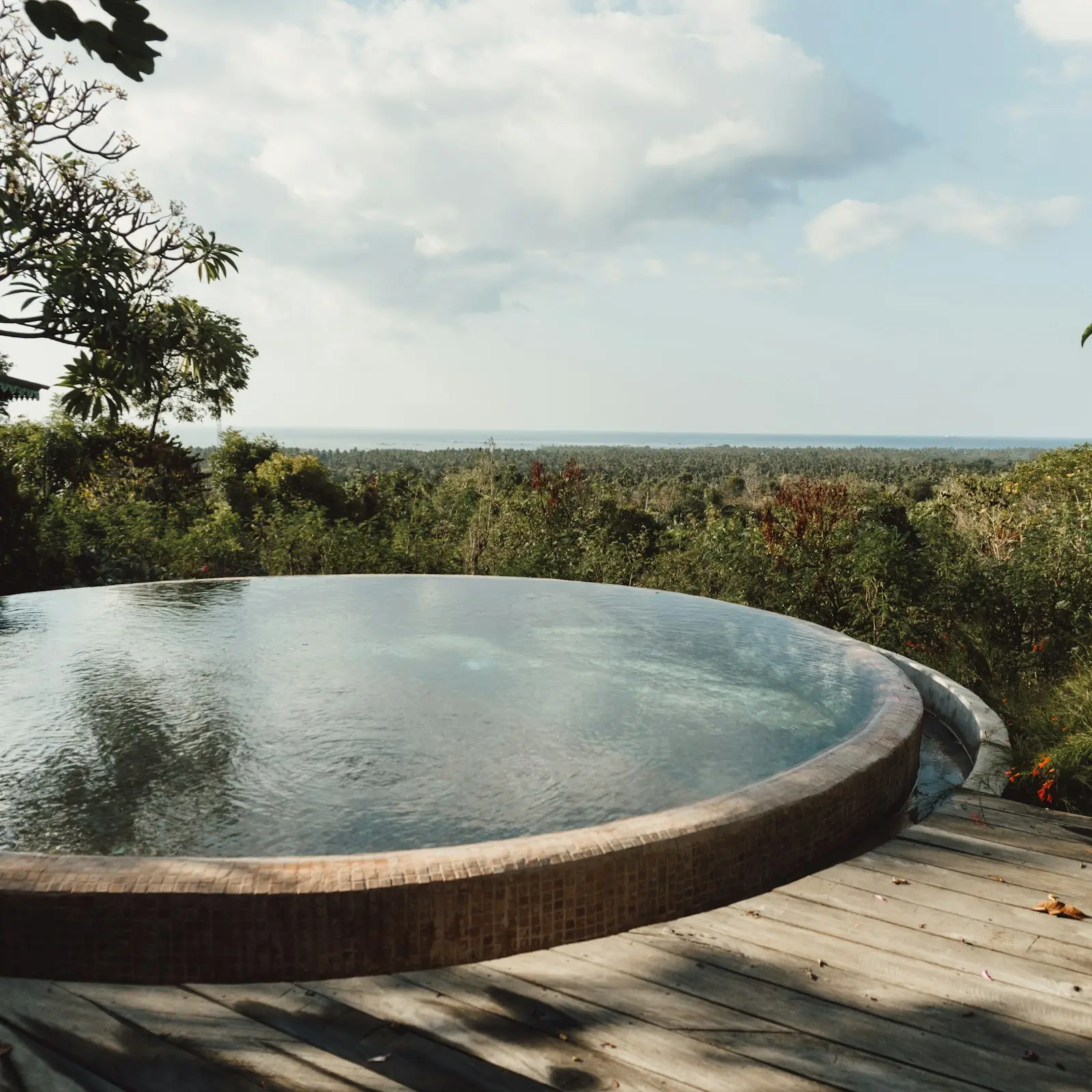 Infinity pool overlooking lush tropical trees and the ocean in Bali